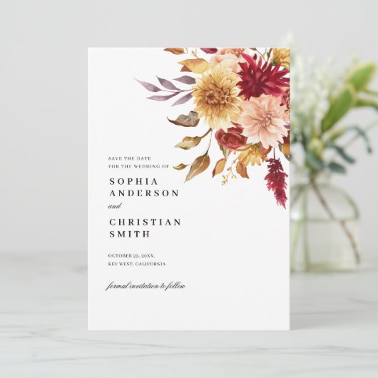 Fall-Blume, die die Datumskarte speichern Einladung (Stehend Vorderseite)