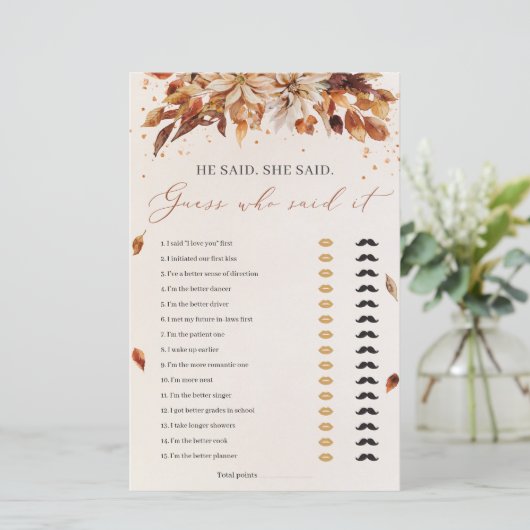 Fall Blume Er sagte, sie sagte Brautparty Game (Stehend Vorderseite)