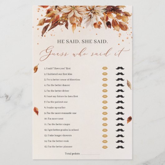 Fall Blume Er sagte, sie sagte Brautparty Game (Vorderseite)