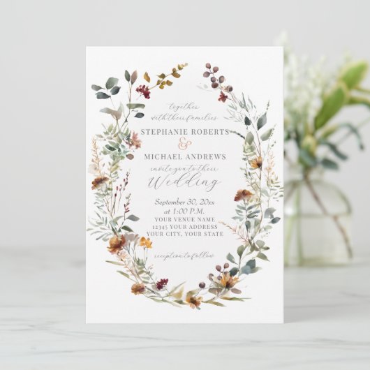 Fall Blume Rustic Boho Wreath Floral Wedding Einladung (Stehend Vorderseite)