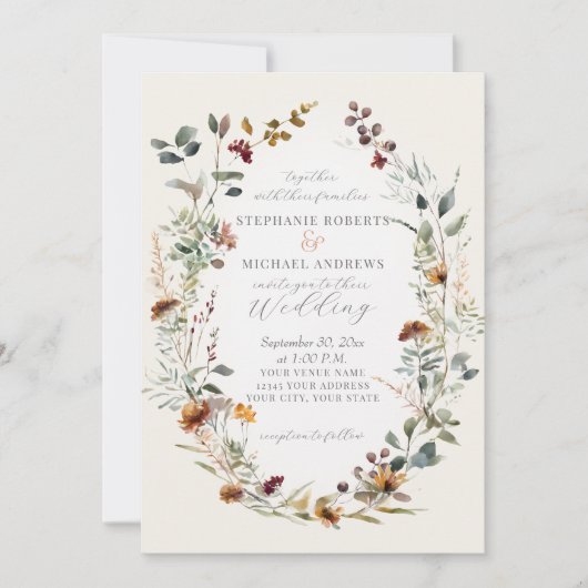 Fall Blume Rustic Boho Wreath Floral Wedding Einladung (Vorderseite)