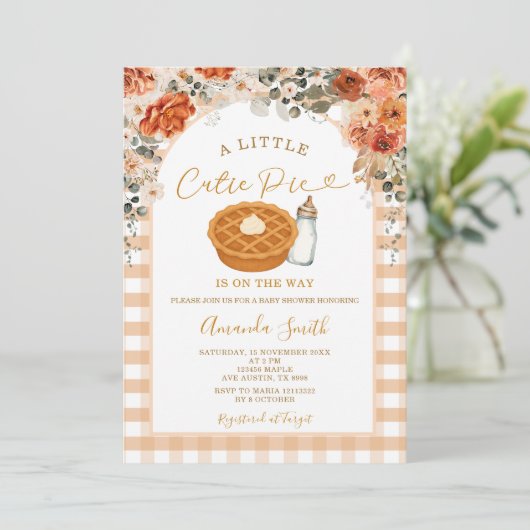 Fall Blume Süsse Pie Gingham Fall Baby Dusche Einladung (Stehend Vorderseite)