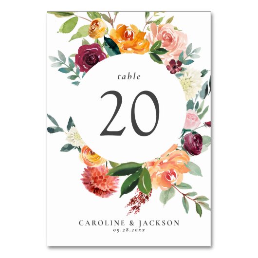 Fall-Blume-Tischnummer-Karte für Hochzeiten Tischnummer (Vorderseite)