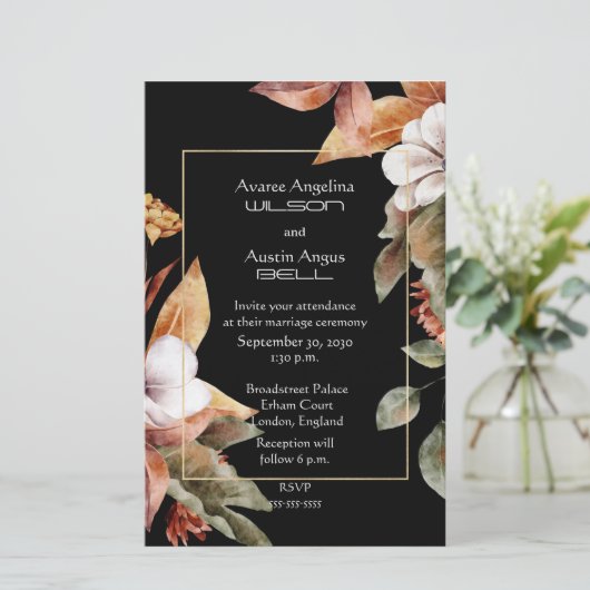 Fall Blume und Blätter Einladung Hochzeit (Stehend Vorderseite)