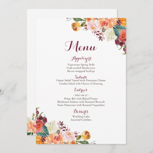 Fall-Blumen-Hochzeits-Menü-Karten, orange Menükarte (Vorne/Hinten)