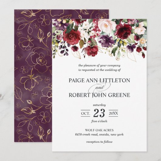 Fall-Blumen in Rotem, in Lila und erröten Hochzeit Einladung (Vorne/Hinten)