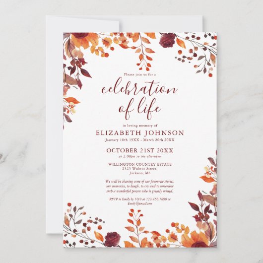 Fall Blumenbeerdigung des Lebens Foto Beerdigung Einladung (Vorderseite)