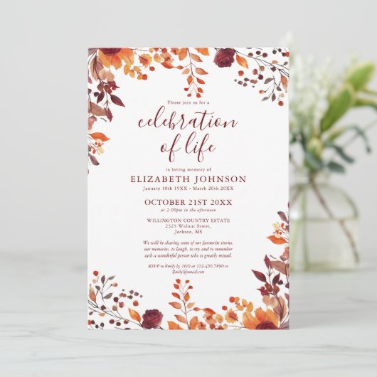 Fall Blumenbeerdigung des Lebens Foto Beerdigung Einladung (Stehend Vorderseite)