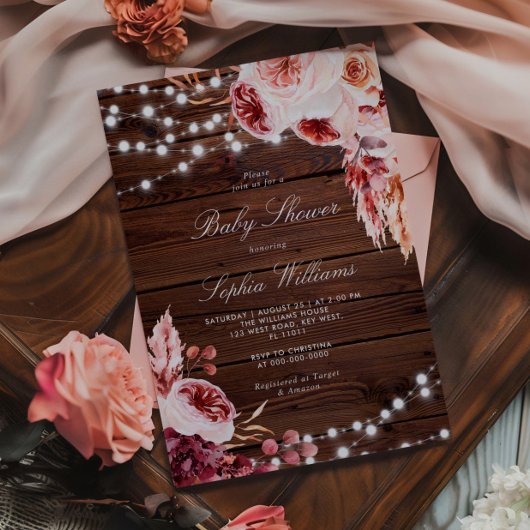 Fall Bohemian Rose Rustic Wood Baby Shower Einladung