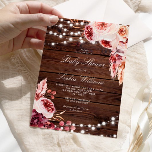 Fall Bohemian Rose Rustic Wood Baby Shower Einladung