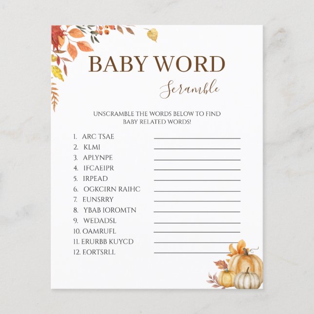 Fall Boho Baby Dusche Word Scramble Game (Vorderseite)