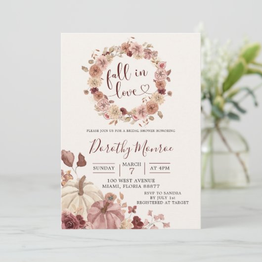 Fall Boho Blush und Marsala Floral Pumpkin Dusche Einladung (Stehend Vorderseite)