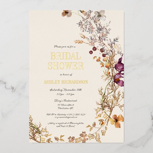 Fall Boho Brautparty Foil Einladung (Vorderseite)