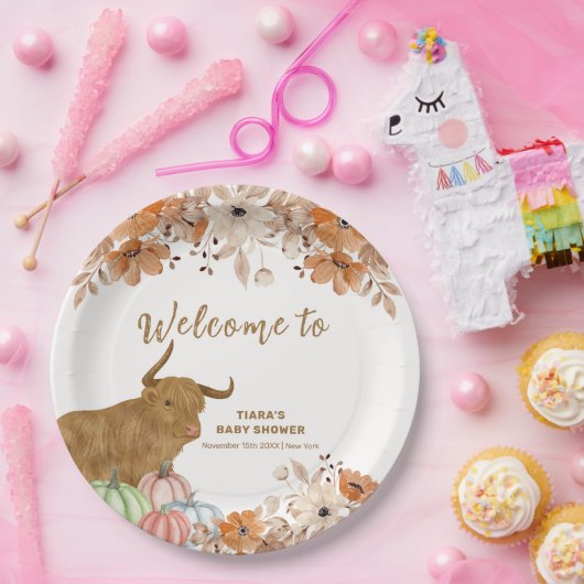 Fall Boho Floral Highland Kuh Baby Dusche Willkomm Pappteller (Party)