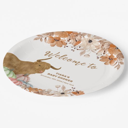 Fall Boho Floral Highland Kuh Baby Dusche Willkomm Pappteller (Schrägansicht)