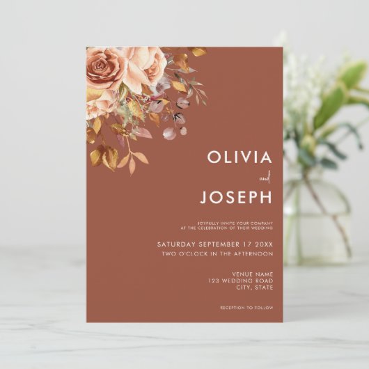 Fall Boho Floral Simple Modern Wedding Einladung (Stehend Vorderseite)