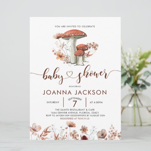 Fall Boho Mushroom Fungi Kinderdusche Einladung (Stehend Vorderseite)