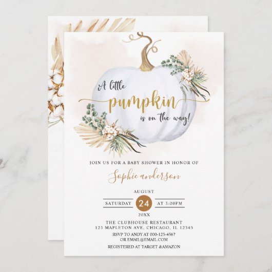 Fall Boho Pampas Grass Little Pumpkin Baby Dusche Einladung (Vorne/Hinten)