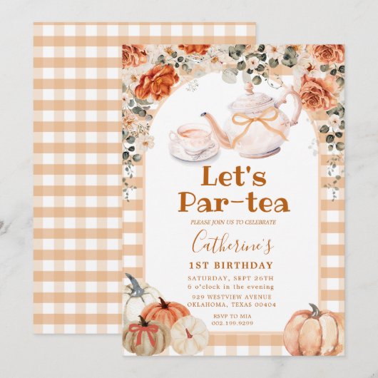 Fall Boho Pumpkin Par-tea Birthday Gingham Einladung (Vorne/Hinten)