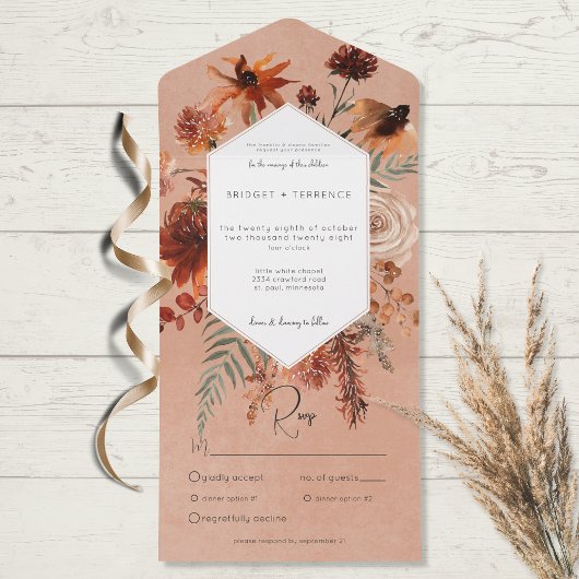 Fall Boho Rust & Peach Floral Frame Dinner All In One Einladung