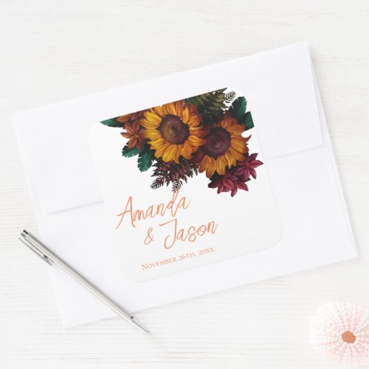 Fall Boho Rustic Burnt Orange Floral Wedding Quadratischer Aufkleber (Umschlag)