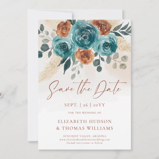Fall Boho Terracotta Bloral Wedding Save the Date (Vorderseite)