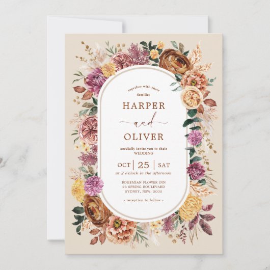 Fall Boho Terracotta Lila Blumenhochzeit Einladung (Vorderseite)