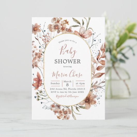 Fall Boho Widlflower Babydusche Einladung (Stehend Vorderseite)