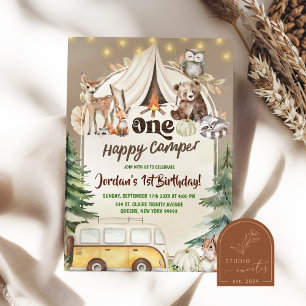 Fall Boho Woodland Boy Happy Camper 1. Geburtstag Einladung