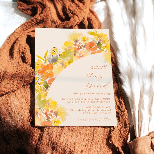 Fall boho yellow flowers script wedding einladung