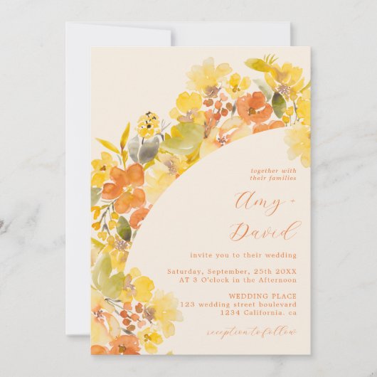 Fall boho yellow flowers script wedding einladung (Vorderseite)