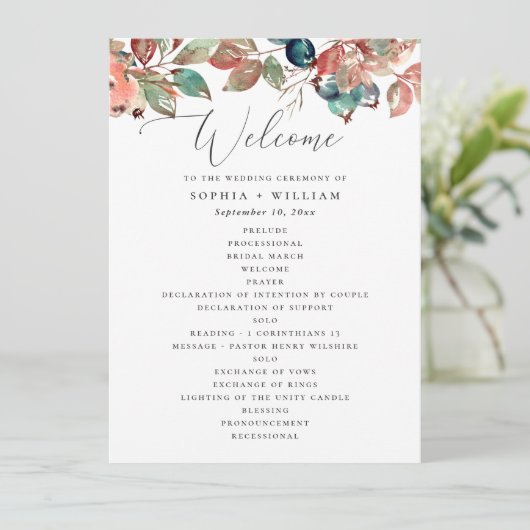 Fall Botanical Wedding | Watercolor Berry Leaves Programm (Stehend Vorderseite)