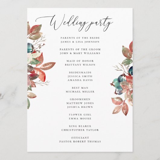 Fall Botanical Wedding | Watercolor Berry Leaves Programm (Rückseite)