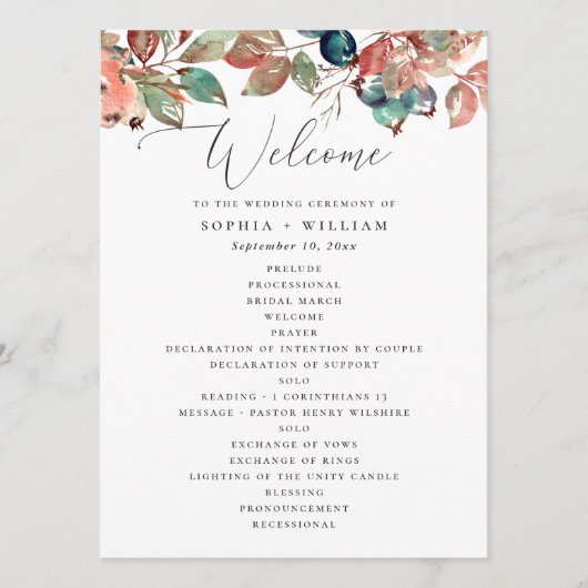 Fall Botanical Wedding | Watercolor Berry Leaves Programm (Vorderseite)