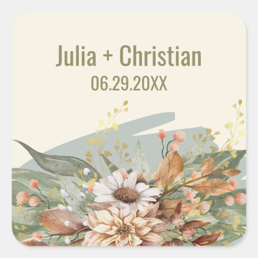 Fall Botanische Hochzeitsticker (grün) Quadratischer Aufkleber (Vorderseite)