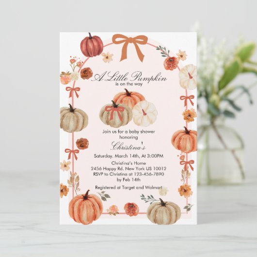 Fall Bow Boho Pumpkin Babydusche Einladung (Stehend Vorderseite)