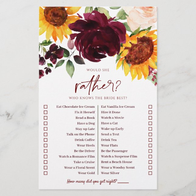 Fall Brautparty Game, die Brautblumen kennt (Vorderseite)