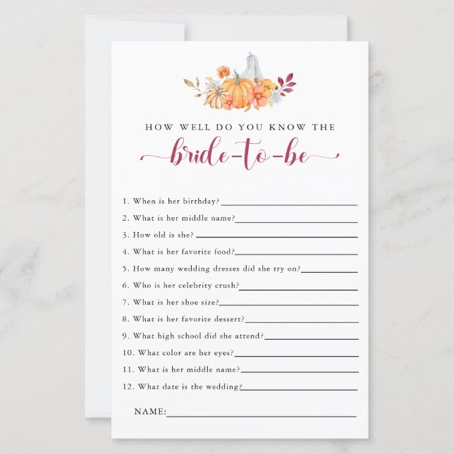 Fall Brautparty Game Wie gut kennen Sie Braut (Vorderseite)