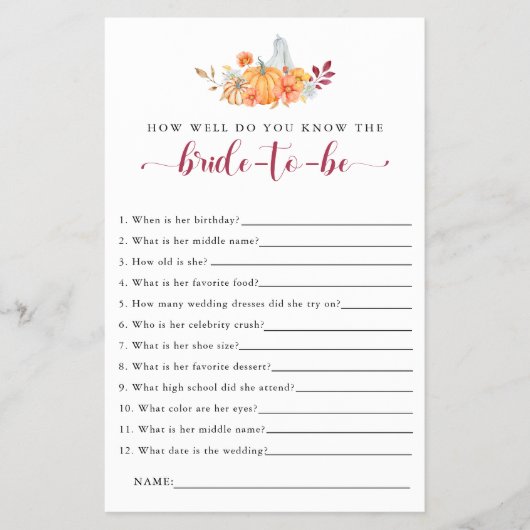 Fall Brautparty Game Wie gut kennen Sie Braut Flyer (Vorne)