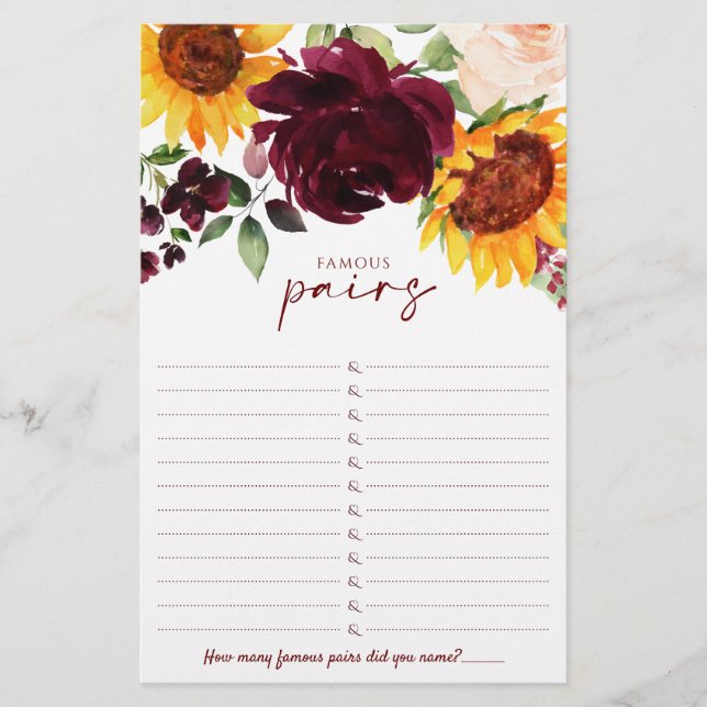 Fall Brautparty Spiel Berühmte Paare Sonnenblumen (Vorderseite)
