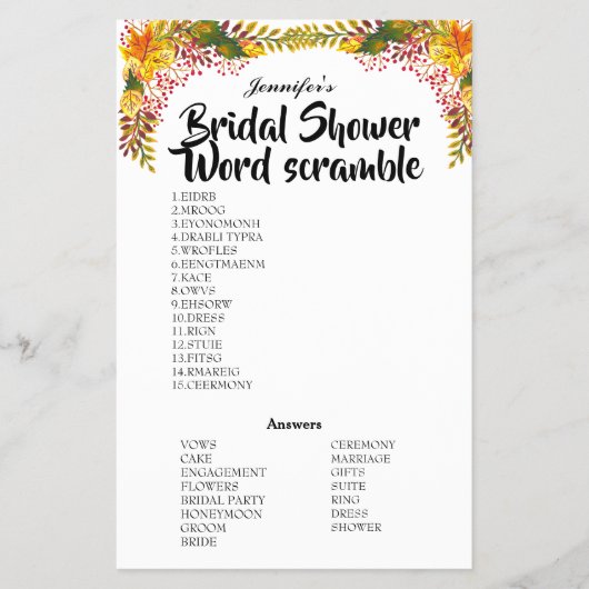 Fall Brautparty Word Scramble Game Flyer (Vorne)