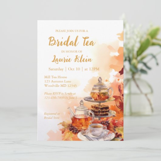 Fall Bridal Tea Party Elegante Dusche/WC Einladung (Stehend Vorderseite)