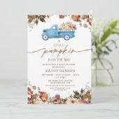 Fall Brown Floral Blue Pumpkin Truck Baby Dusche Einladung (Stehend Vorderseite)