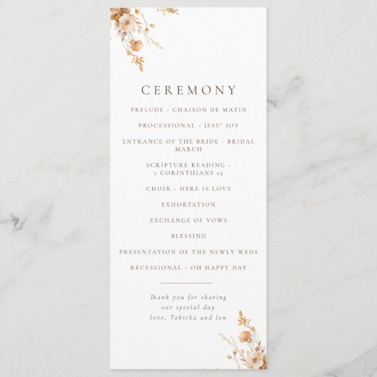 Fall Brown & Orange Wildblumen Hochzeitsprogramm Programm (Rückseite)