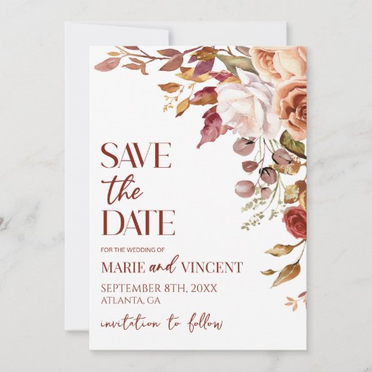 Fall Burgund Bläsereien Blume Hochzeit speichern d Einladung (Vorderseite)