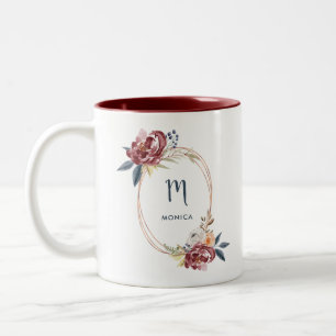 Fall Burgund Floral und Rose Gold  Monogramm Zweifarbige Tasse