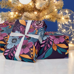 Fall Burgund Marine Mustard Wasserfarbe Blume Art Geschenkpapier