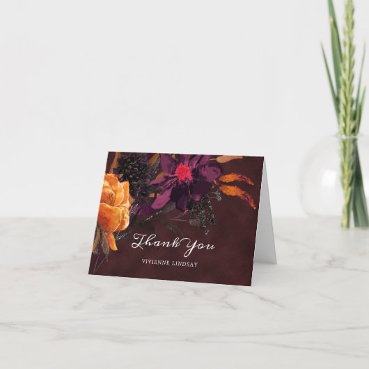 Fall Burgund Red Floral Foto Hochzeit Dankeskarte (Vorderseite)