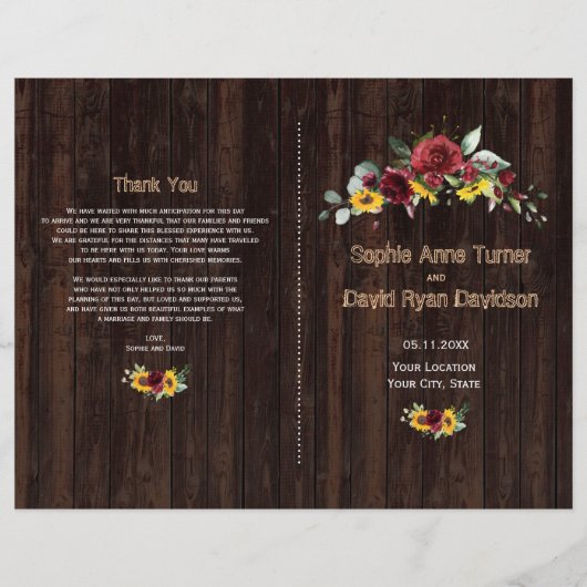 Fall Burgund Rose Sonnenblumen Altes Holz Programm Flyer (Vorne)