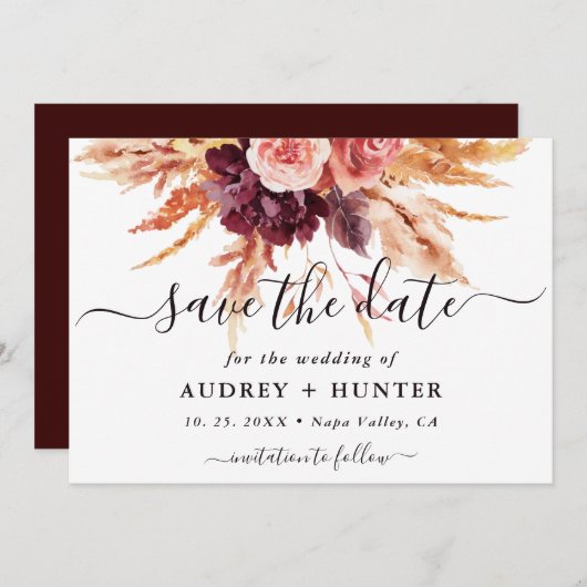Fall Burgund Terracotta Floral Wedding Foto Save The Date (Vorne/Hinten)